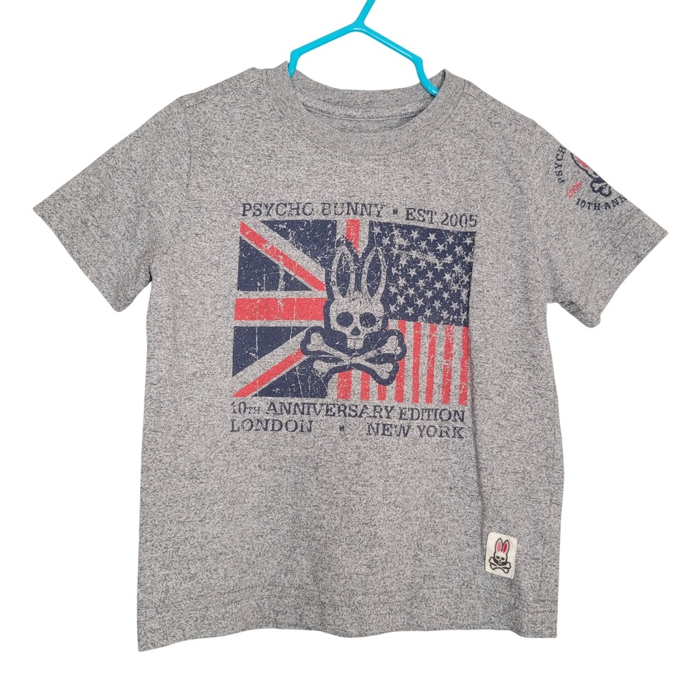 Psycho Bunny T-Shirt Kids 3T Grey 10th Anniversary Edition Flag Graphic Tee